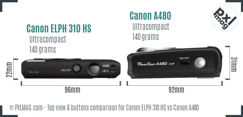 Canon ELPH 310 HS vs Canon A480 top view buttons comparison