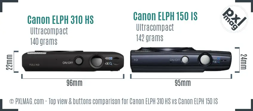 Canon ELPH 310 HS vs Canon ELPH 150 IS top view buttons comparison