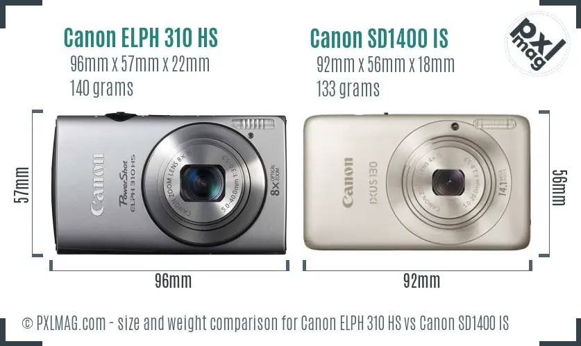 Canon ELPH 310 HS vs Canon SD1400 IS size comparison