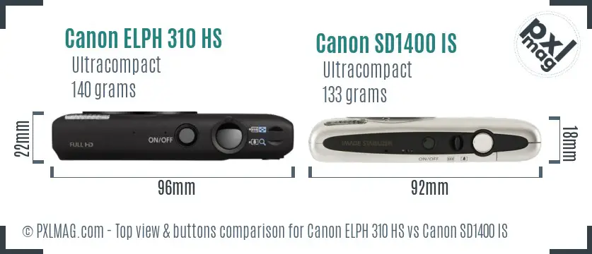 Canon ELPH 310 HS vs Canon SD1400 IS top view buttons comparison