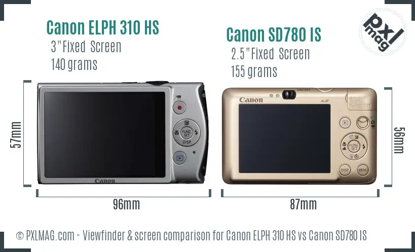 Canon ELPH 310 HS vs Canon SD780 IS Screen and Viewfinder comparison