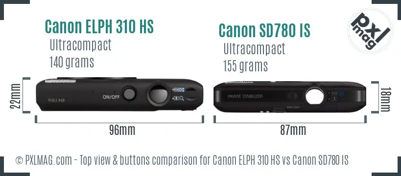 Canon ELPH 310 HS vs Canon SD780 IS top view buttons comparison