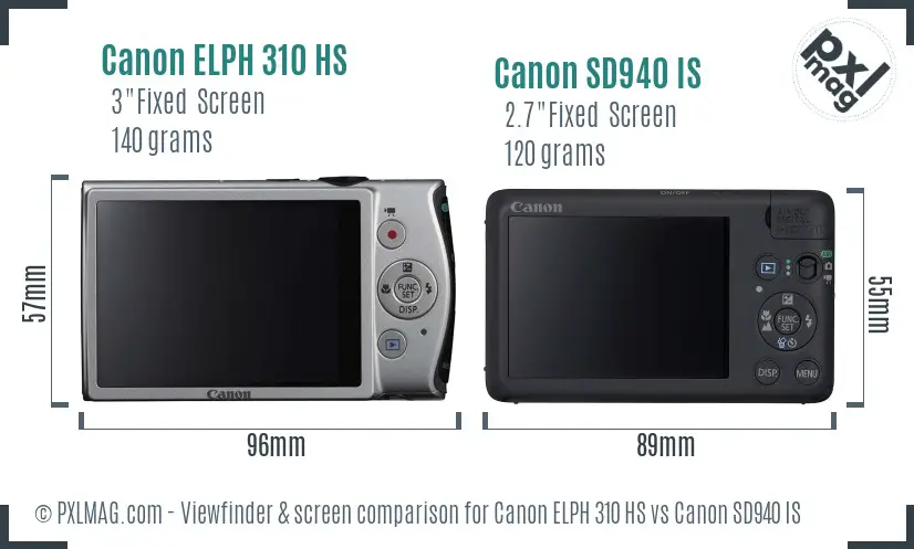 Canon ELPH 310 HS vs Canon SD940 IS Screen and Viewfinder comparison