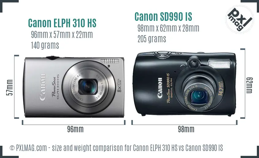 Canon ELPH 310 HS vs Canon SD990 IS size comparison