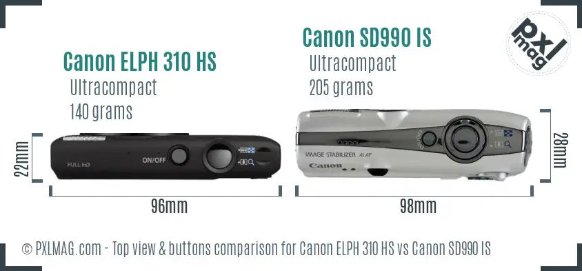 Canon ELPH 310 HS vs Canon SD990 IS top view buttons comparison