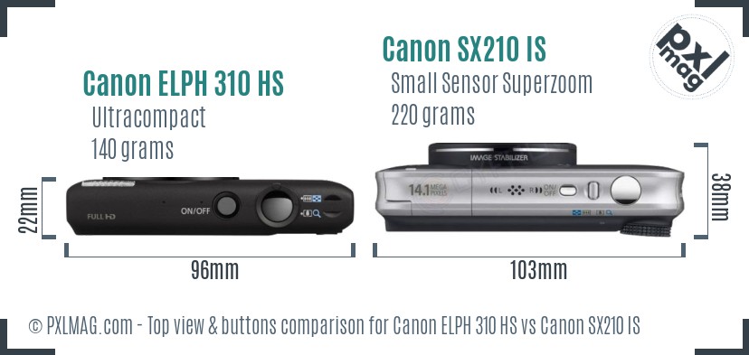Canon ELPH 310 HS vs Canon SX210 IS top view buttons comparison