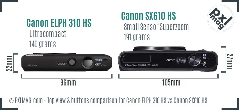 Canon ELPH 310 HS vs Canon SX610 HS top view buttons comparison