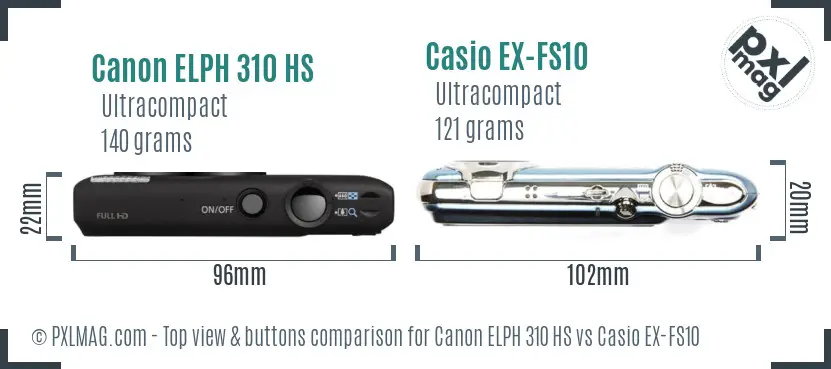Canon ELPH 310 HS vs Casio EX-FS10 top view buttons comparison Canon ELPH 310 HS vs Casio EX-FS10 top view buttons comparison