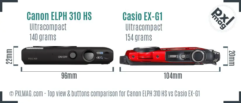 Canon ELPH 310 HS vs Casio EX-G1 top view buttons comparison