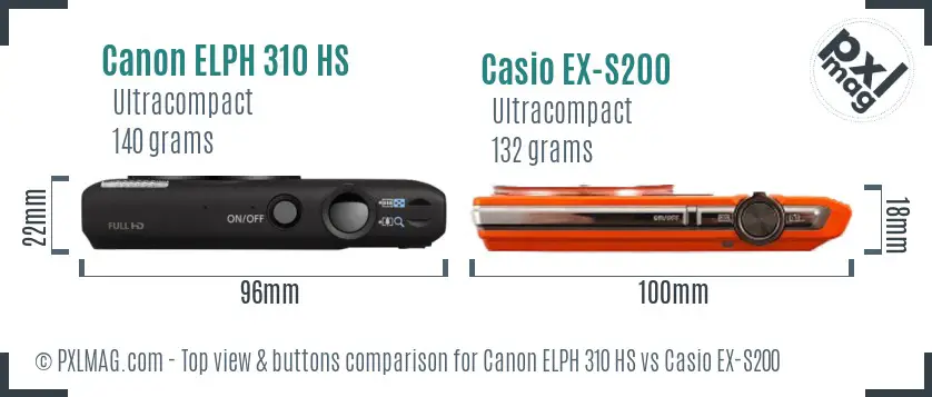 Canon ELPH 310 HS vs Casio EX-S200 top view buttons comparison Canon ELPH 310 HS vs Casio EX-S200 top view buttons comparison