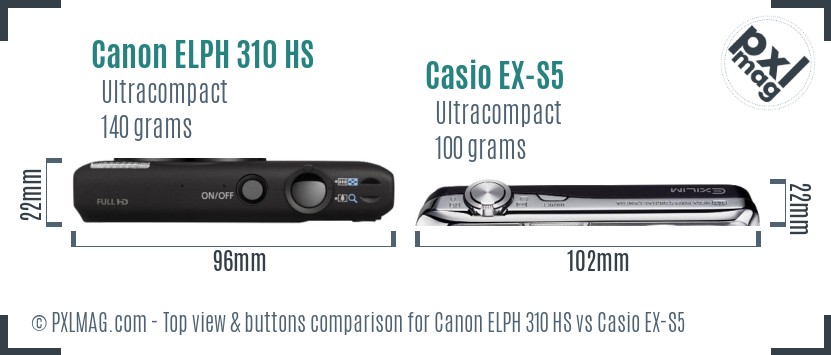 Canon ELPH 310 HS vs Casio EX-S5 top view buttons comparison