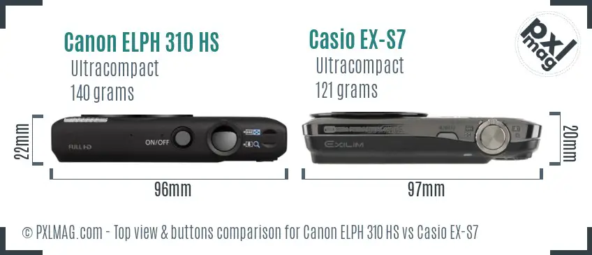 Canon ELPH 310 HS vs Casio EX-S7 top view buttons comparison