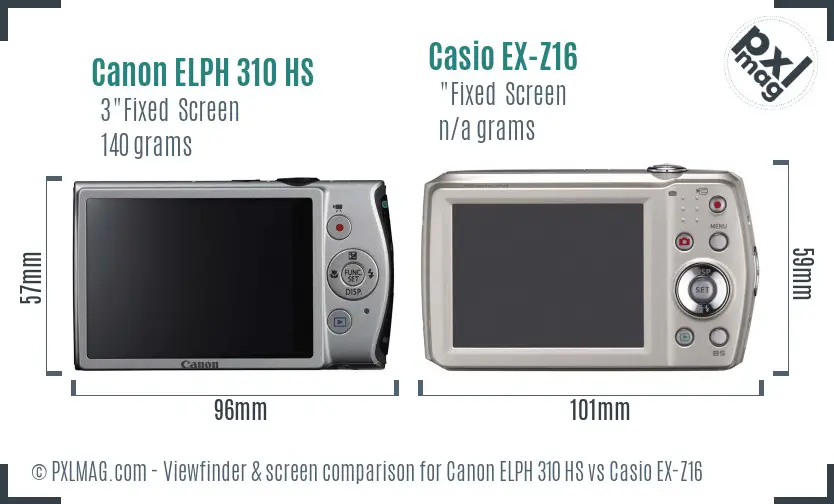 Canon ELPH 310 HS vs Casio EX-Z16 Screen and Viewfinder comparison