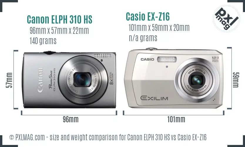 Canon ELPH 310 HS vs Casio EX-Z16 size comparison