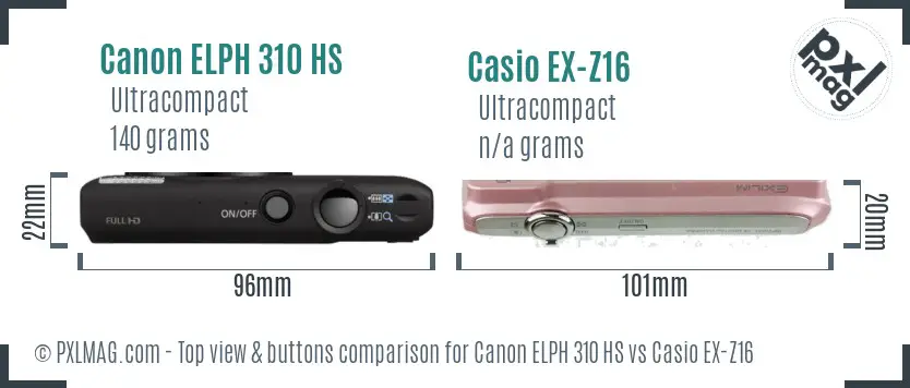 Canon ELPH 310 HS vs Casio EX-Z16 top view buttons comparison