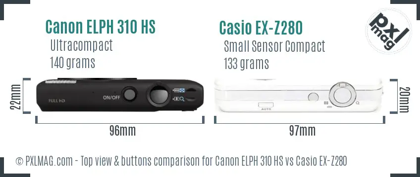 Canon ELPH 310 HS vs Casio EX-Z280 top view buttons comparison