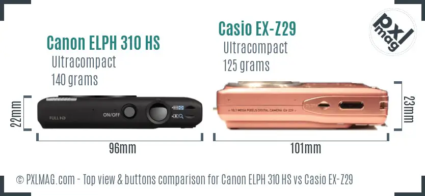 Canon ELPH 310 HS vs Casio EX-Z29 top view buttons comparison