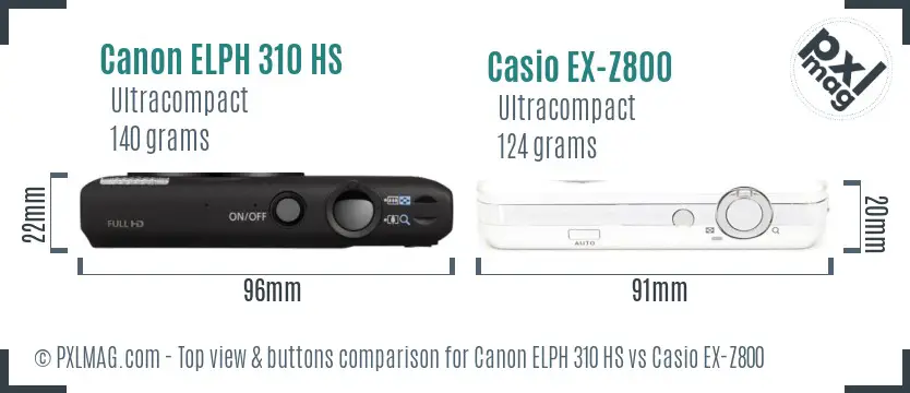 Canon ELPH 310 HS vs Casio EX-Z800 top view buttons comparison