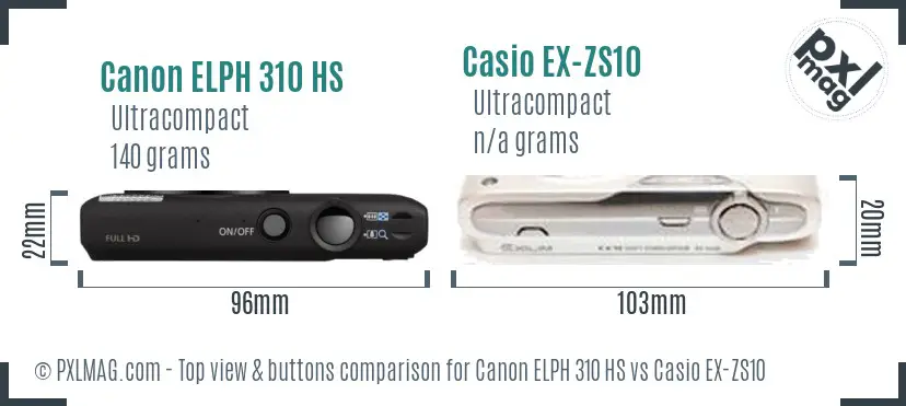 Canon ELPH 310 HS vs Casio EX-ZS10 top view buttons comparison