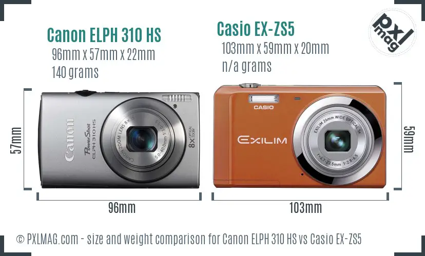 Canon ELPH 310 HS vs Casio EX-ZS5 size comparison