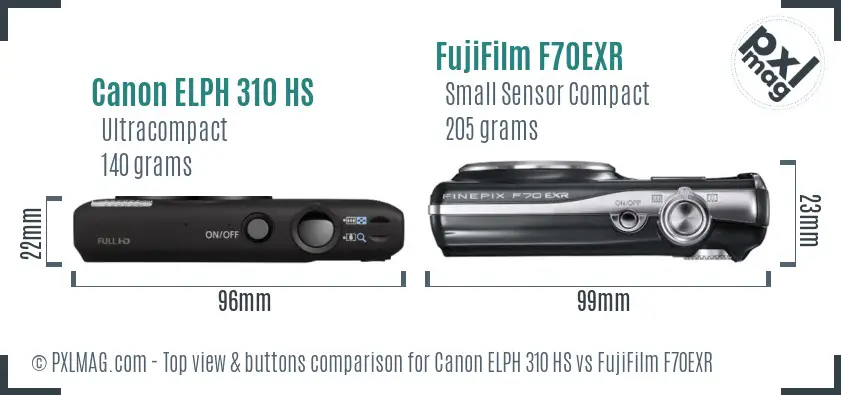 Canon ELPH 310 HS vs FujiFilm F70EXR top view buttons comparison