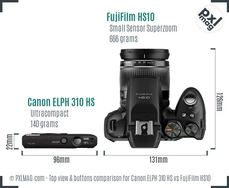 Canon ELPH 310 HS vs FujiFilm HS10 top view buttons comparison Canon ELPH 310 HS vs FujiFilm HS10 top view buttons comparison