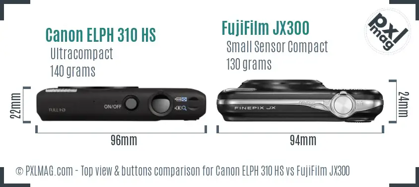 Canon ELPH 310 HS vs FujiFilm JX300 top view buttons comparison