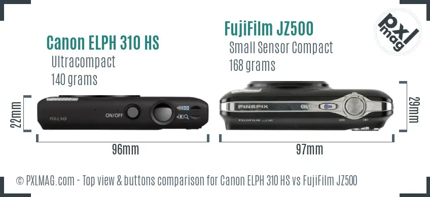 Canon ELPH 310 HS vs FujiFilm JZ500 top view buttons comparison Canon ELPH 310 HS vs FujiFilm JZ500 top view buttons comparison