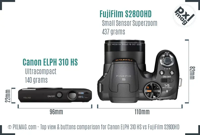 Canon ELPH 310 HS vs FujiFilm S2800HD top view buttons comparison