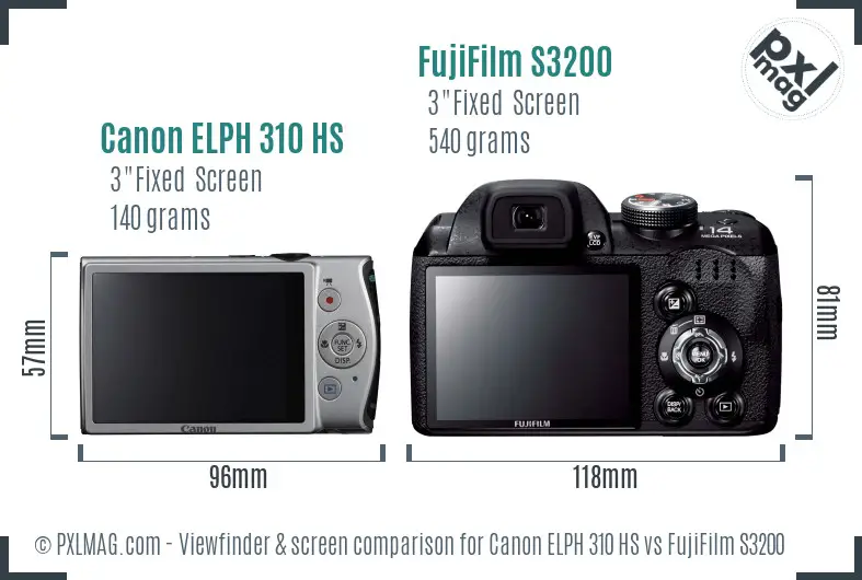 Canon ELPH 310 HS vs FujiFilm S3200 Screen and Viewfinder comparison