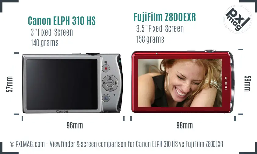 Canon ELPH 310 HS vs FujiFilm Z800EXR Screen and Viewfinder comparison