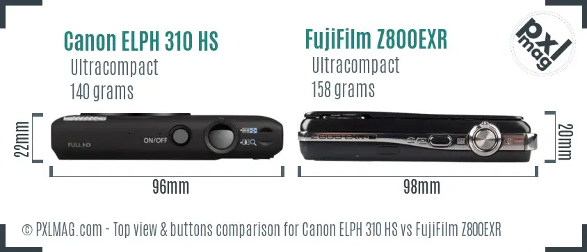 Canon ELPH 310 HS vs FujiFilm Z800EXR top view buttons comparison