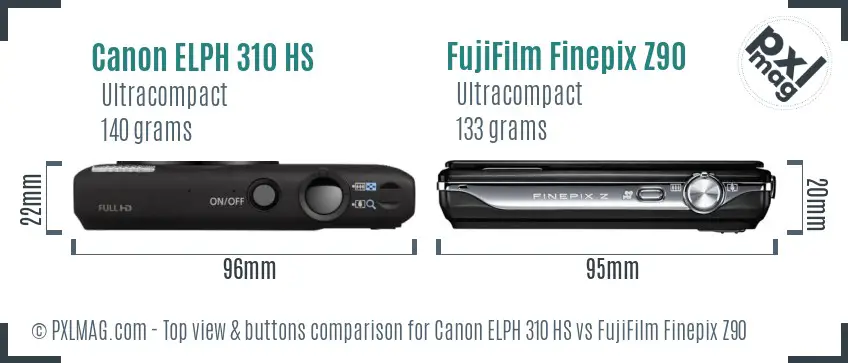 Canon ELPH 310 HS vs FujiFilm Finepix Z90 top view buttons comparison