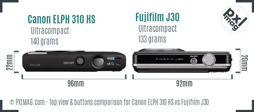 Canon ELPH 310 HS vs Fujifilm J30 top view buttons comparison