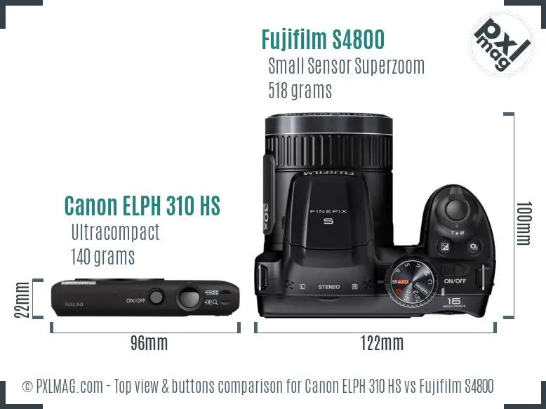 Canon ELPH 310 HS vs Fujifilm S4800 top view buttons comparison