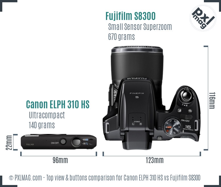 Canon ELPH 310 HS vs Fujifilm S8300 top view buttons comparison