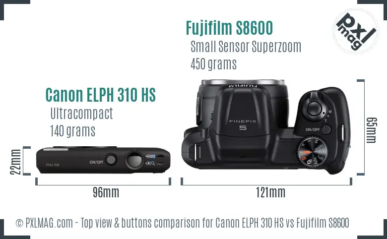 Canon ELPH 310 HS vs Fujifilm S8600 top view buttons comparison