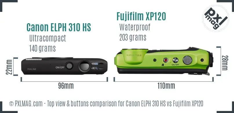 Canon ELPH 310 HS vs Fujifilm XP120 top view buttons comparison