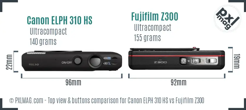 Canon ELPH 310 HS vs Fujifilm Z300 top view buttons comparison