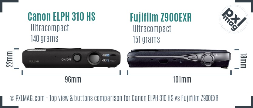 Canon ELPH 310 HS vs Fujifilm Z900EXR top view buttons comparison