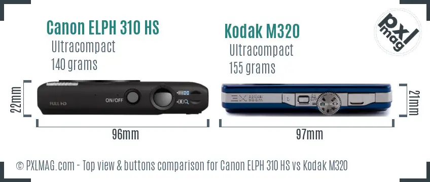 Canon ELPH 310 HS vs Kodak M320 top view buttons comparison