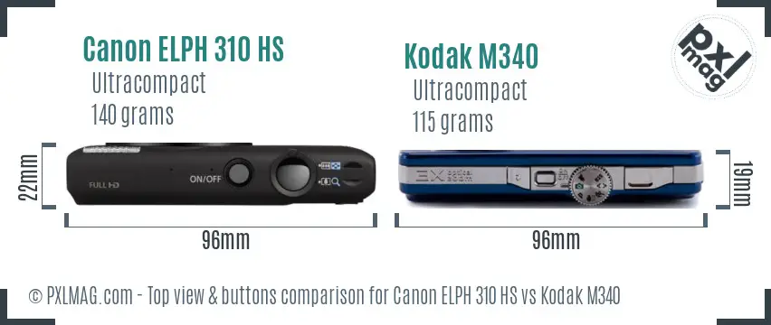 Canon ELPH 310 HS vs Kodak M340 top view buttons comparison