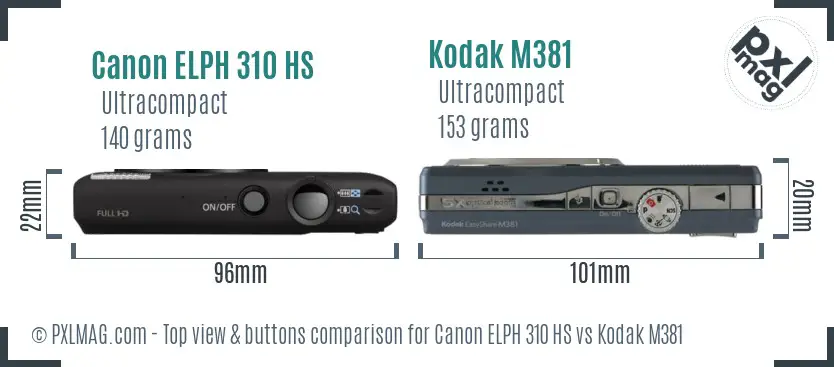 Canon ELPH 310 HS vs Kodak M381 top view buttons comparison
