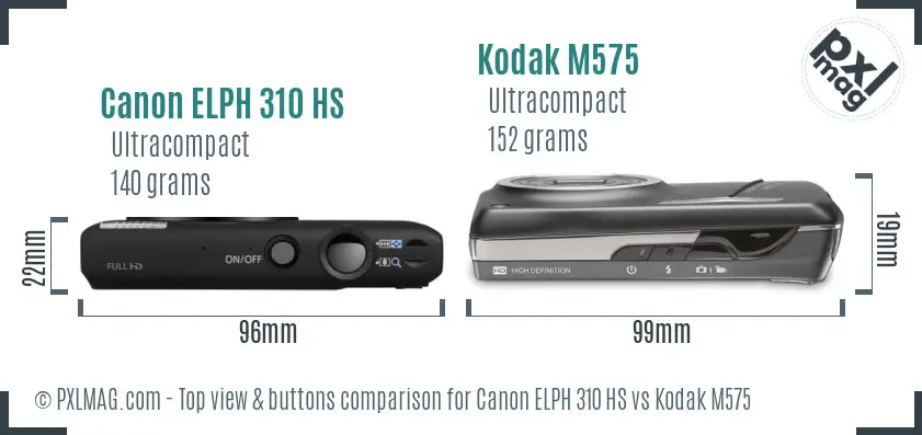 Canon ELPH 310 HS vs Kodak M575 top view buttons comparison