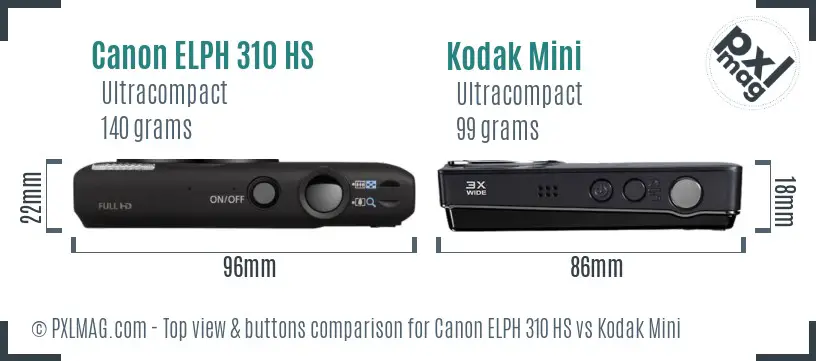Canon ELPH 310 HS vs Kodak Mini top view buttons comparison