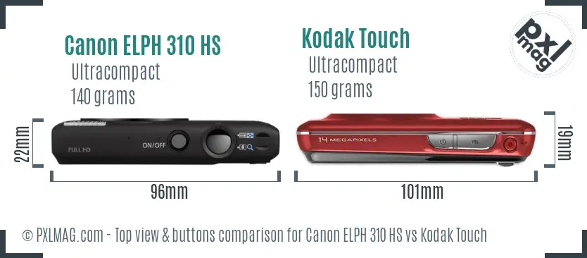 Canon ELPH 310 HS vs Kodak Touch top view buttons comparison