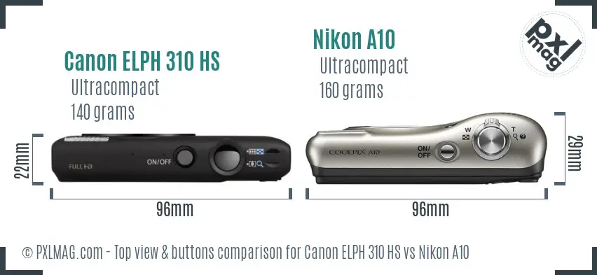 Canon ELPH 310 HS vs Nikon A10 top view buttons comparison Canon ELPH 310 HS vs Nikon A10 top view buttons comparison