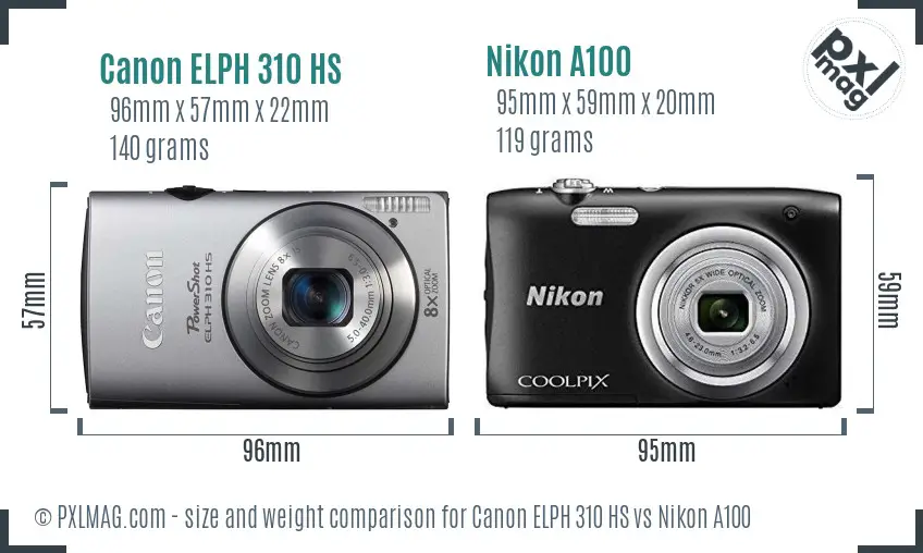 Canon ELPH 310 HS vs Nikon A100 size comparison