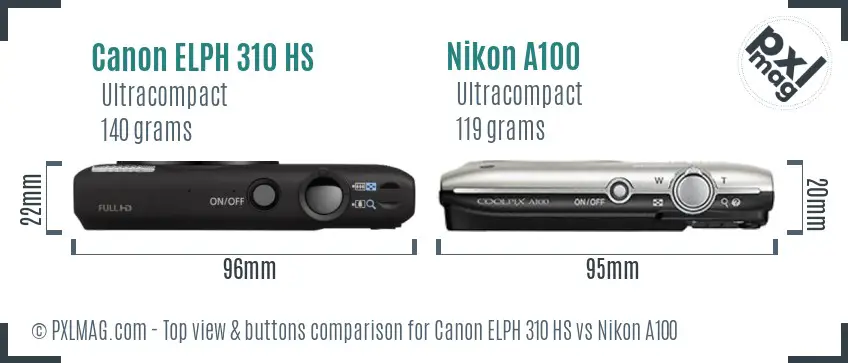 Canon ELPH 310 HS vs Nikon A100 top view buttons comparison