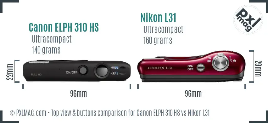 Canon ELPH 310 HS vs Nikon L31 top view buttons comparison